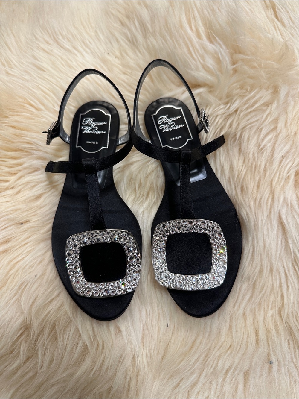 Roger Vivier Black Satin T-Strap Sandals with Crystal Buckles